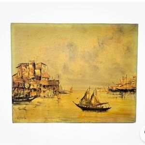 Bobbie Paul Vintage Oil Painting 11” X 14” Signed Boat Sea Scape Harbour Boats